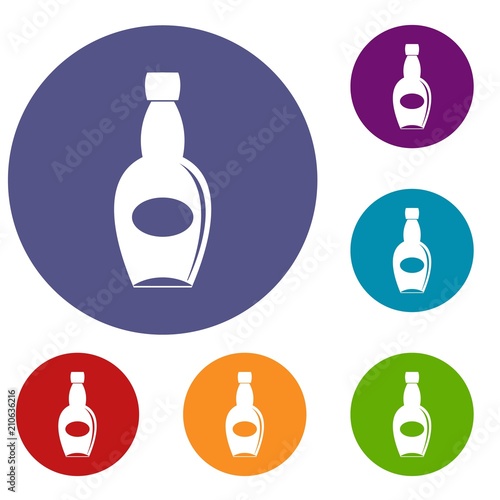 Big bottle icons set in flat circle red  blue and green color for web
