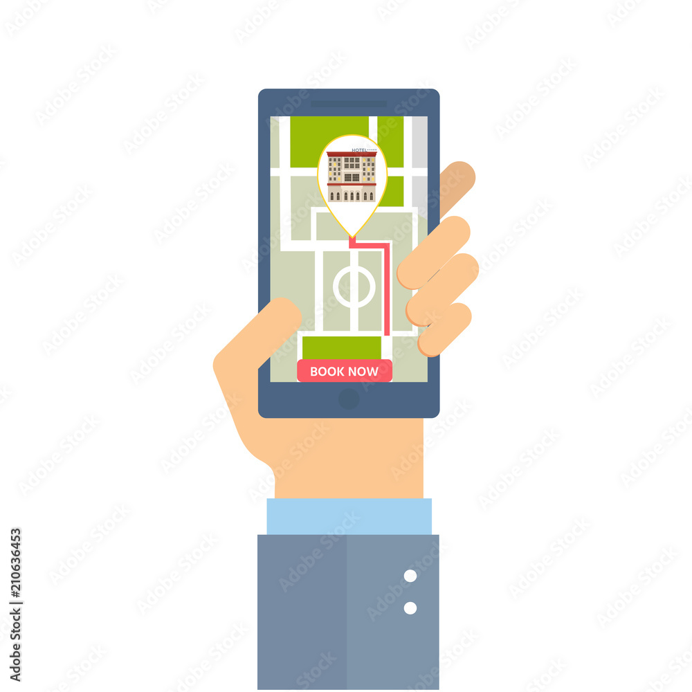 Hand holding phone for booking hotel in the city, flat vector motel building town landscape Hand holding phone for booking hotel in the city, flat vector motel building town landscape