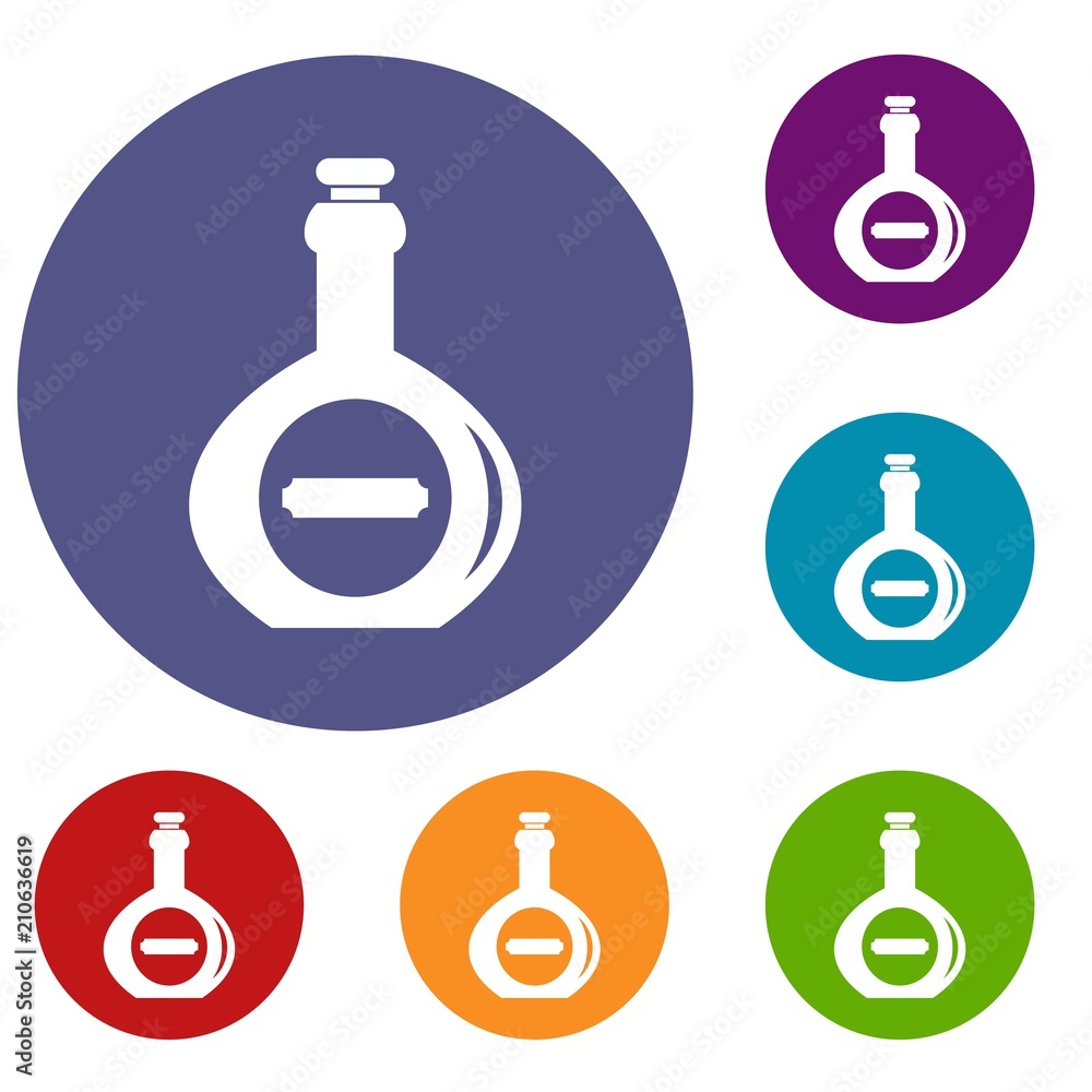 Bellied bottle icons set in flat circle red, blue and green color for web Bellied bottle icons set in flat circle red, blue and green color for web