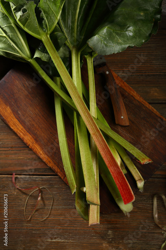 Fresh Rhubarb on wooden table