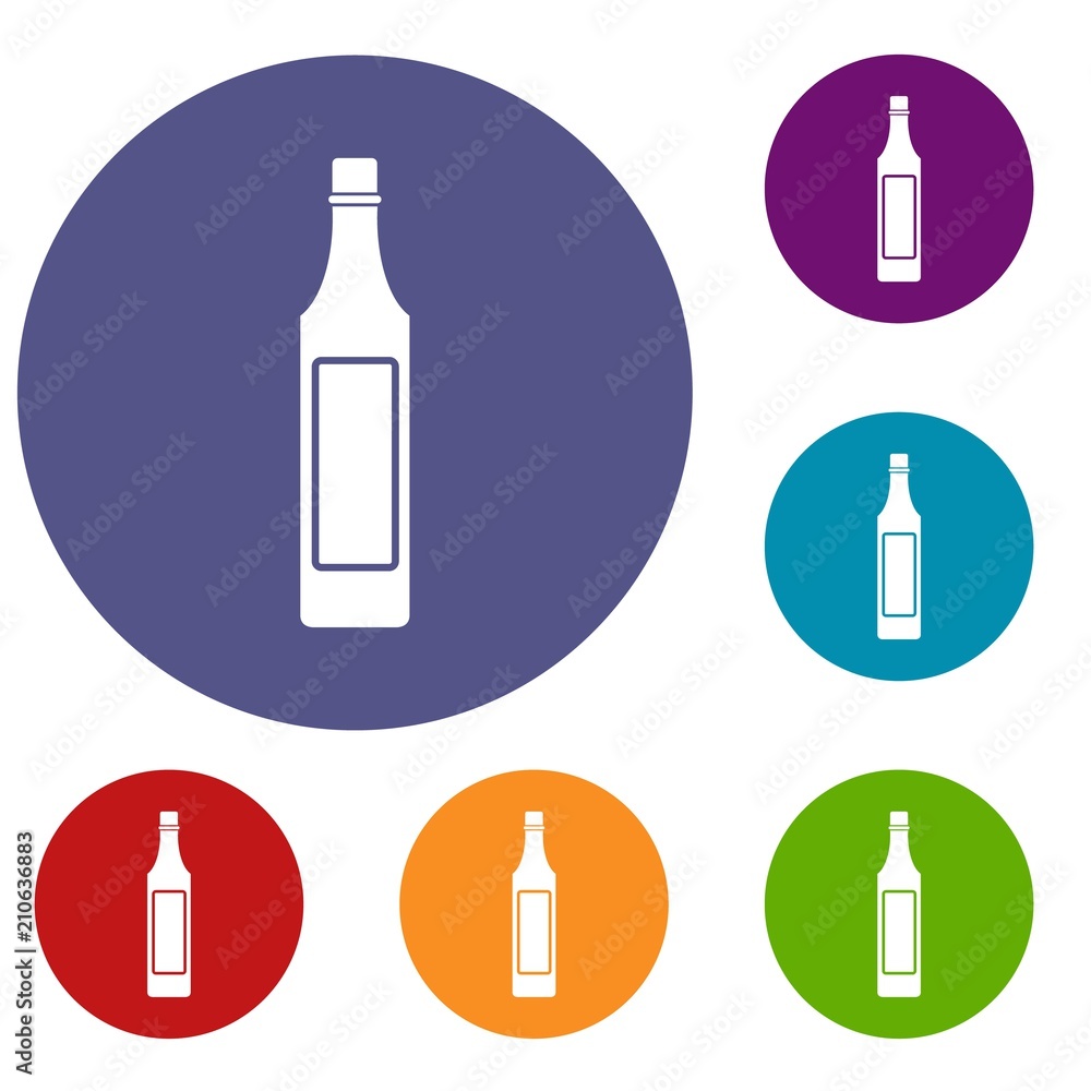 Vinegar bottle icons set in flat circle red, blue and green color for web Vinegar bottle icons set in flat circle red, blue and green color for web