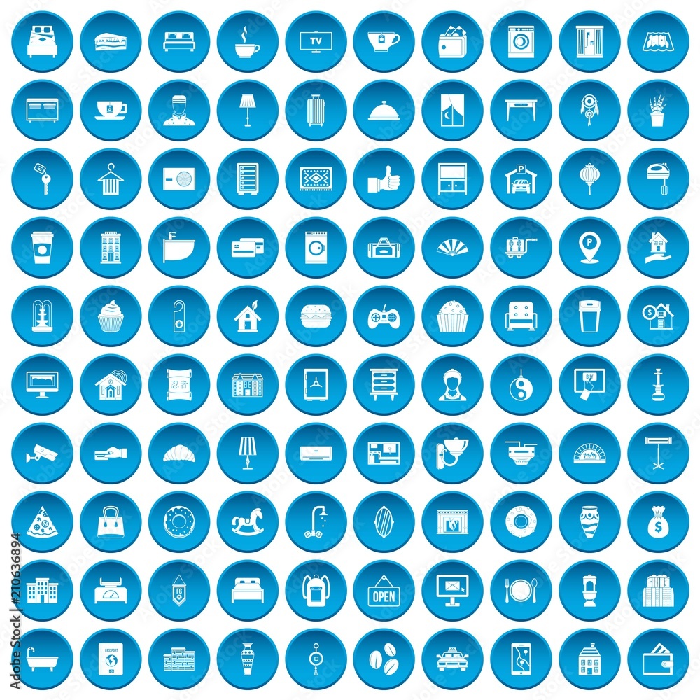 100 hotel icons set in blue circle isolated on white vector illustration 100 hotel icons set in blue circle isolated on white vector illustration