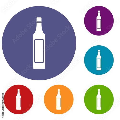 Vinegar bottle icons set in flat circle red  blue and green color for web