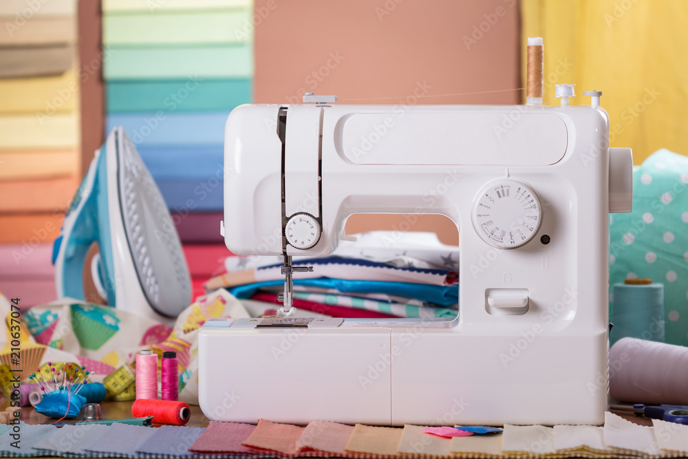 Sewing machine, sewing accessories and samples of fabric