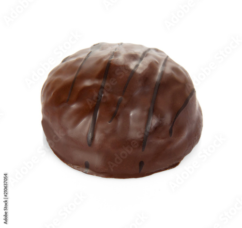 Chocolate candy with praline filling isolated on white