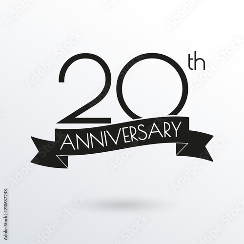 20 years anniversary logo with ribbon. 20th anniversary celebration label. Design element for birthday, invitation, wedding jubilee. Vector illustration.