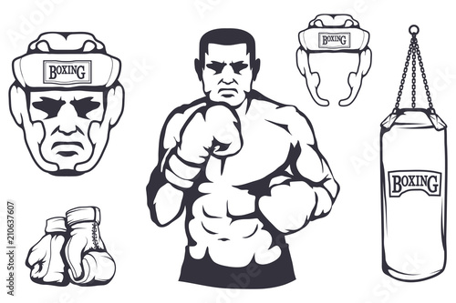 Set of different elements for box design - boxing helmet, punching bag, boxing gloves, boxer man. Sports equipment set. Fitness illustrations. Sport Club logo. Vector graphics to design.