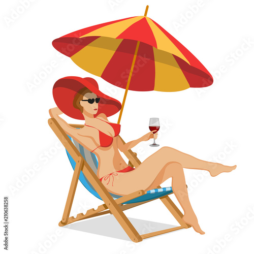 Set for summer vacation design - chaise longue, umbrella protecting from the sun. Summer holiday. Beautiful girl in a swimsuit and hat. Vector graphics to design.