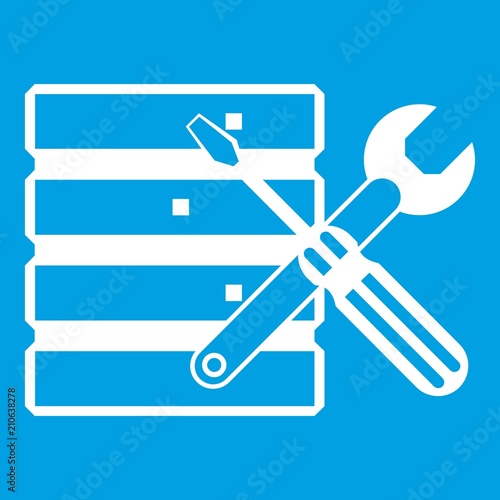 Database with screwdriverl and spanner icon white isolated on blue background vector illustration