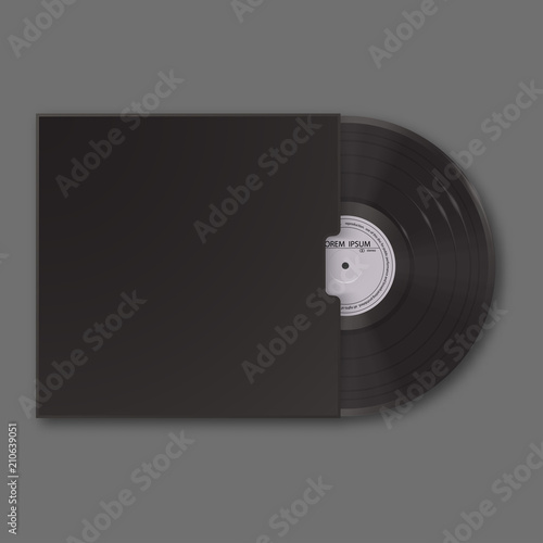 Realistic vinyl record in sleeve. Black blank mock up isolated on grey background. EPS 10