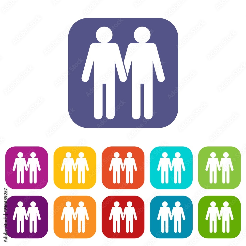 Two men gay icons set vector illustration in flat style in colors red, blue, green, and other Two men gay icons set vector illustration in flat style in colors red, blue, green, and other