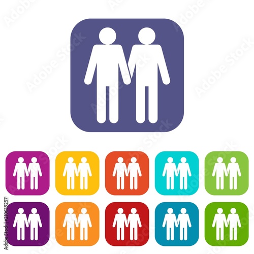 Two men gay icons set vector illustration in flat style in colors red, blue, green, and other