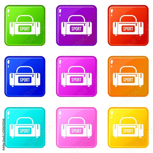 Large sports bag icons of 9 color set isolated vector illustration