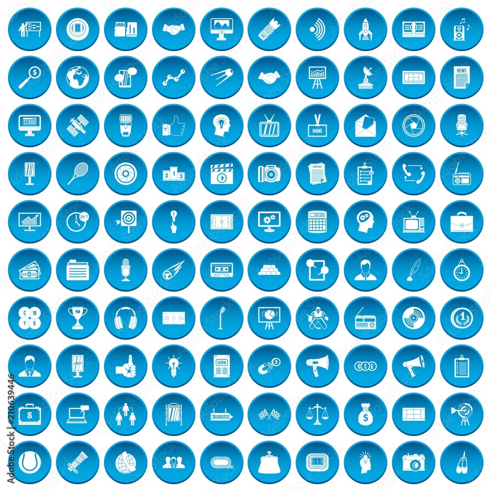 100 media icons set in blue circle isolated on white vector illustration
