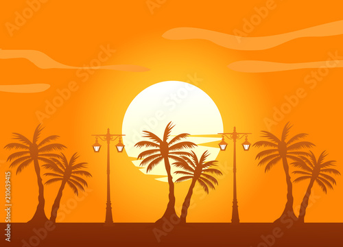 Summer color background with palm trees on the beach