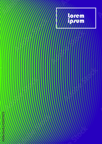 Vertical abstract background with striped halftone pattern in neon colors. Texture of gradient semicircle line ornament. Design template of flyer, banner, cover, poster in A4 size. Vector 