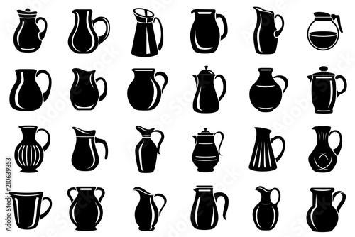 Jug milk or water canister icon set. Vector collection in simple style.