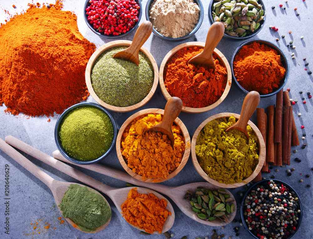 Variety of spices on kitchen table