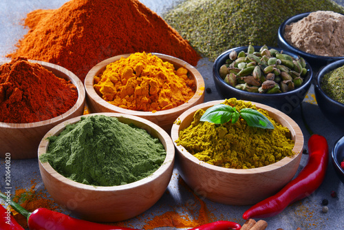 Variety of spices on kitchen table