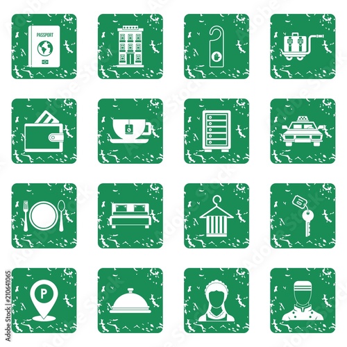 Hotel icons set in grunge style green isolated vector illustration