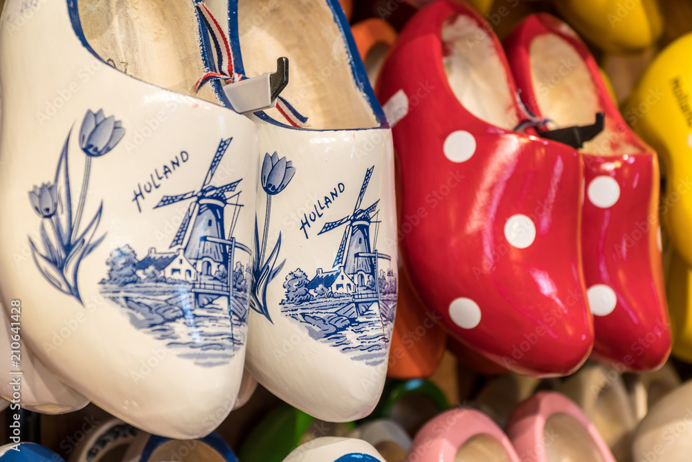 Wooden clogs with picture of windmill in souvenir store