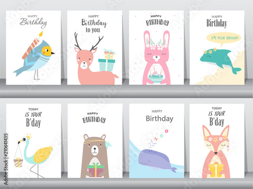  Set of birthday invitations cards, poster, greeting, template, animals,rabbit,cake,stork,goose,whale,birds,deer,Vector illustrations 