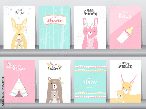 Set of baby shower invitations cards, poster, greeting, template, animals,rabbit,birds,deer,mom and kid, Vector illustrations.