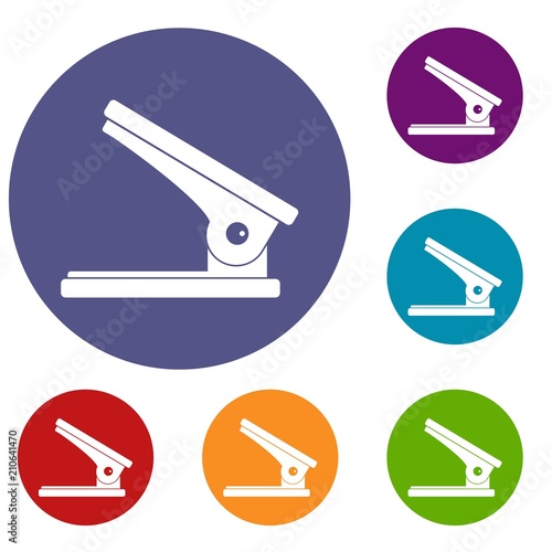 Office paper hole puncher icons set in flat circle red, blue and green color for web