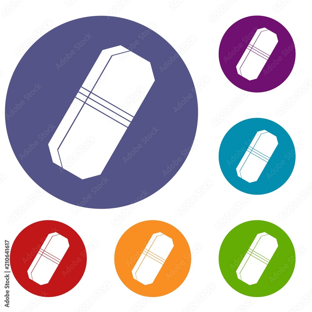 Pencil eraser icons set in flat circle red, blue and green color for web Pencil eraser icons set in flat circle red, blue and green color for web