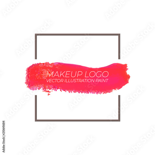 Vector Makeup Cosmetics Logo Square Frame with Lipstick Red Smear Background.