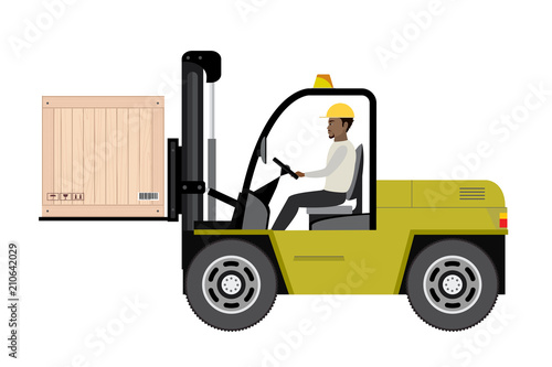 African american warehouse worker loading wooden boxes.
