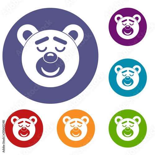 Sleeping teddy bear icons set in flat circle red, blue and green color for web
