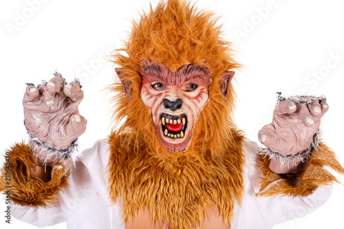 Fototapeta Naklejka Na Ścianę i Meble -  Little boy dressed on vampire mask on halloween, Scary halloween concept with monster who loves blood on white isolated background