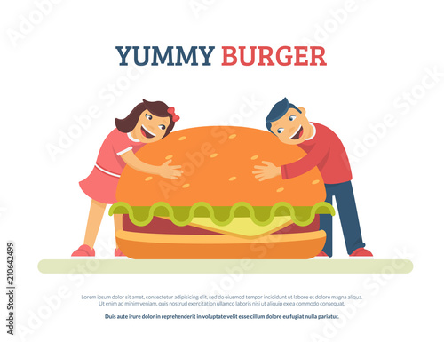 Yummy burger concept flat vector illustration of funny boy and girl lovely hugging a big hamburger. Happy friends hugging burger isolated on white background with copyspace for promo text
