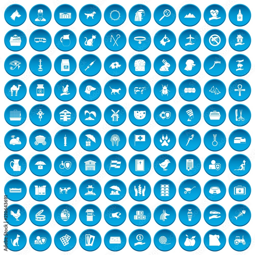 100 pets icons set in blue circle isolated on white vector illustration 100 pets icons set in blue circle isolated on white vector illustration