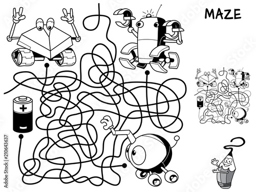 Which of the three robots will get a battery? Educational maze game for children. Black and white cartoon vector illustration
