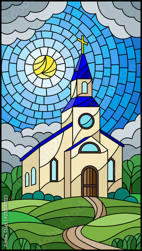 Illustration in stained glass style with Church on the background of summer landscape, a Church on the background of the Sunny sky and green trees