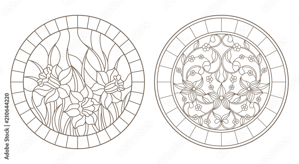 Set of contour illustrations with colors, round images, dark contours on white background Set of contour illustrations with colors, round images, dark contours on white background
