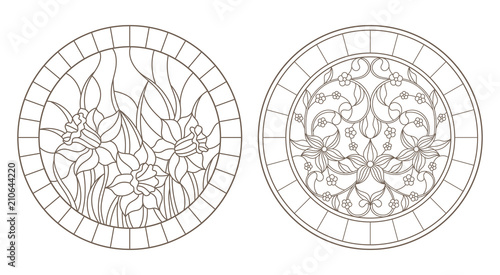 Set of contour illustrations with colors, round images, dark contours on white background