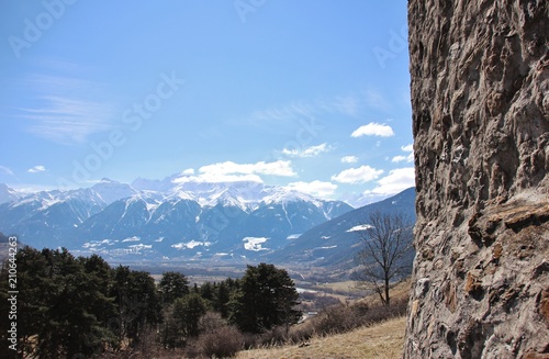 View from San Vito alpine church in Malles (Tarces hill), Val Venosta, Alto Adige, Italy photo