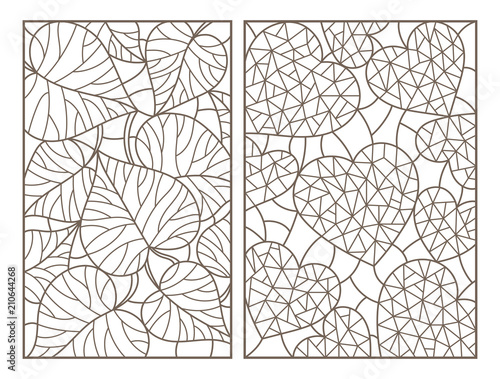 Set of contour illustrations with abstract backgrounds  hearts and leaves  dark outlines on white background