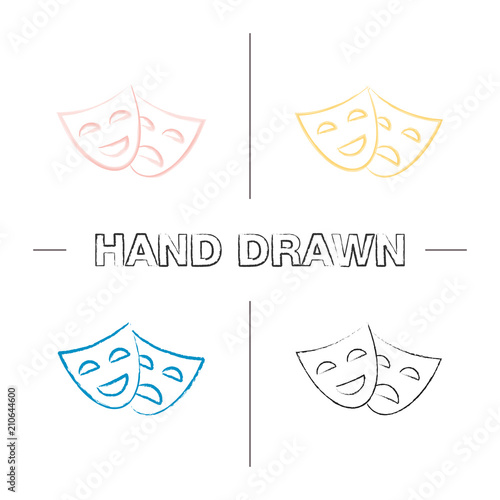Comedy and tragedy masks hand drawn icons set