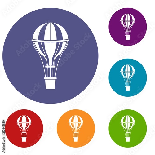 Air balloon journey icons set in flat circle red, blue and green color for web