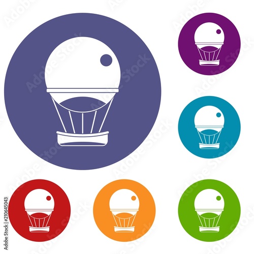 Aerostat balloon icons set in flat circle red, blue and green color for web