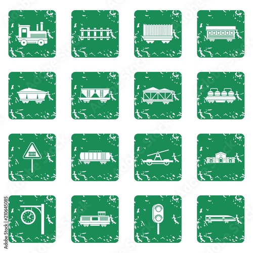 Railway icons set in grunge style green isolated vector illustration