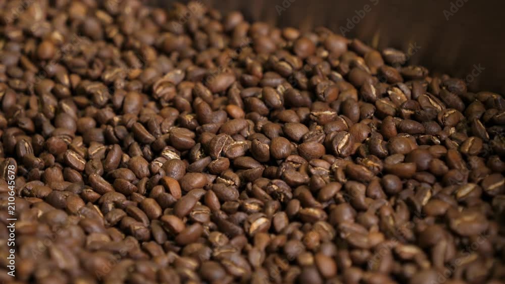 Coffee roaster working process - after the frying beans spinning mixing on cooling circle surface Coffee roaster working process - after the frying beans spinning mixing on cooling circle surface