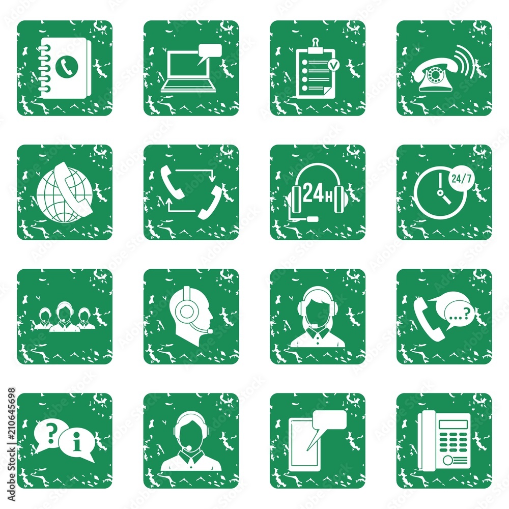 Call center symbols icons set in grunge style green isolated vector illustration Call center symbols icons set in grunge style green isolated vector illustration