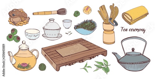 Collection of tools for traditional Asian tea ceremony isolated on white background - teapot, cups or bowls, tetsubin kettle, whisk for matcha preparation. Hand drawn realistic vector illustration.