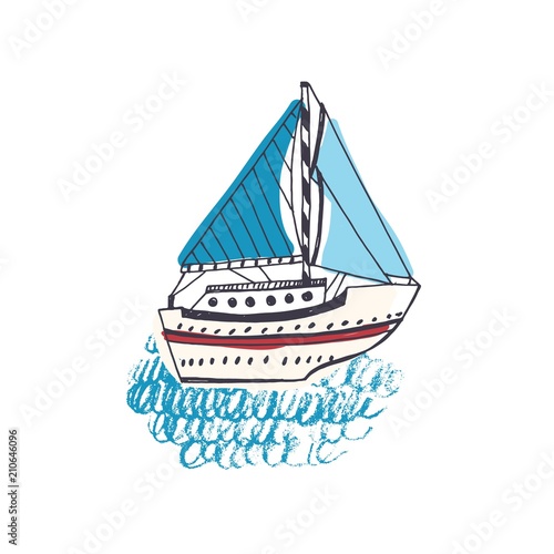 Colorful drawing of passenger ship, sailing boat or marine vessel with sail in sea
