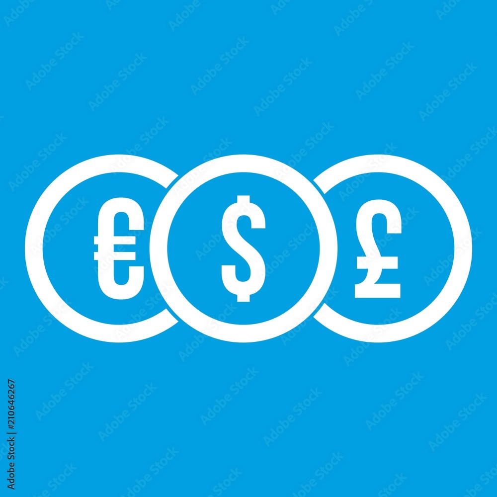 Euro, dollar, pound coin icon white isolated on blue background vector illustration Euro, dollar, pound coin icon white isolated on blue background vector illustration